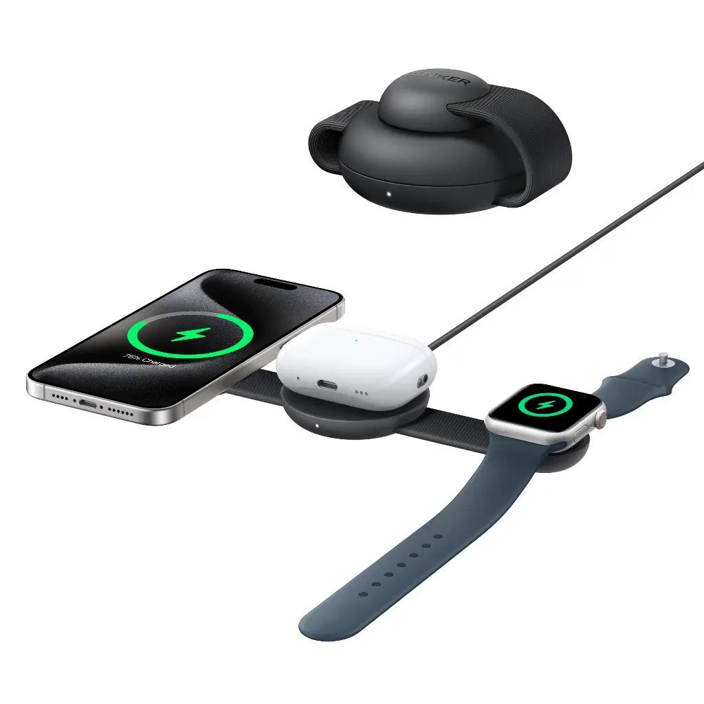 Stand cu incarcare wireless  3 in 1 Anker, MagGo 3-in-1, 15W, portabil, pliabil, fast charge, pentru iPhone seriile 12-16, Apple Watch, AirPods, 1 x USB-C incarcare, roz,  B25M8H51  (timbru verde 0.18 lei) - 0194644286729