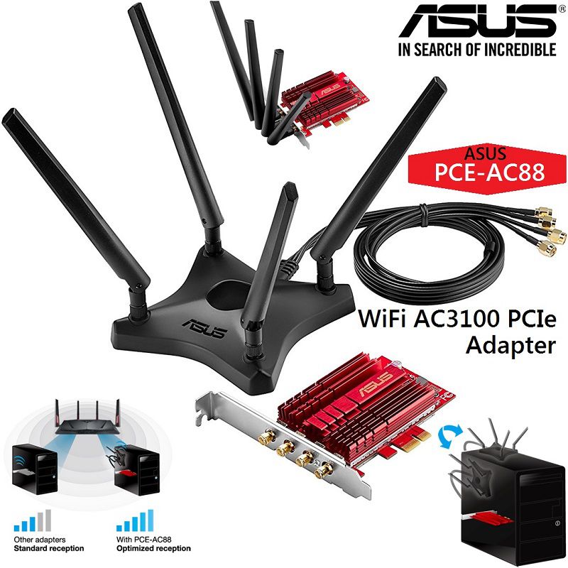 ASUS AC3100 Dual-Band PCIe Wi-Fi Adapter, PCE-AC88, 802.11 b/g/n/ac :downlink up to 1000 Mbps, uplink up to 1000 Mbps (20/40MHz)802.11 a/n/ac : downlink up to 2167 Mbps, uplink up to 2167 Mbps(20/40/80MHz), 2.4 GHz/5 GHz, AC3100 ultimate AC performance : 1000+2167Mbps, 4* R SMA Antenna_2
