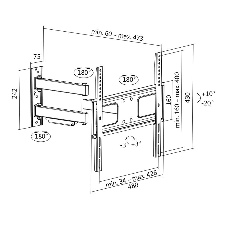 SUPORT de perete LOGILINK, pt 1 TV/monitor plat, diag. max 55 inch, inclinare, pivotare, orizontala, max 50 Kg, 