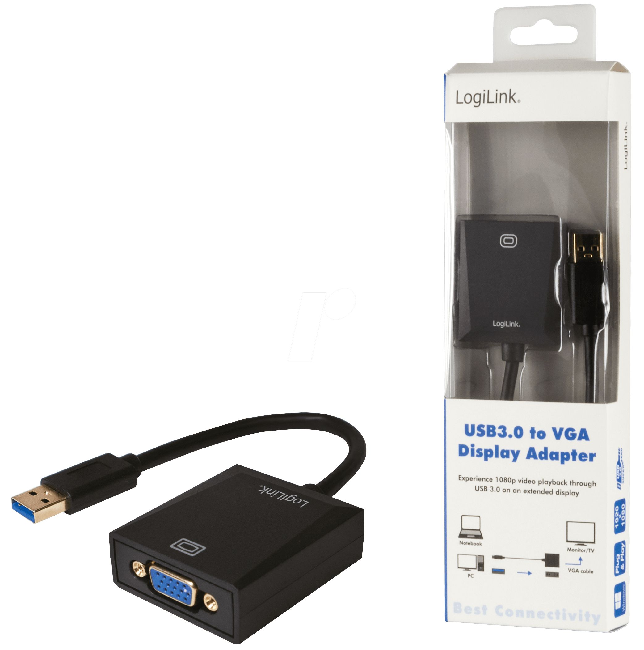 CABLU video LOGILINK, adaptor USB 3.0 (T) la VGA (M), 10cm, rezolutie maxima Full HD (1920 x 1080) la 60 Hz, negru, 