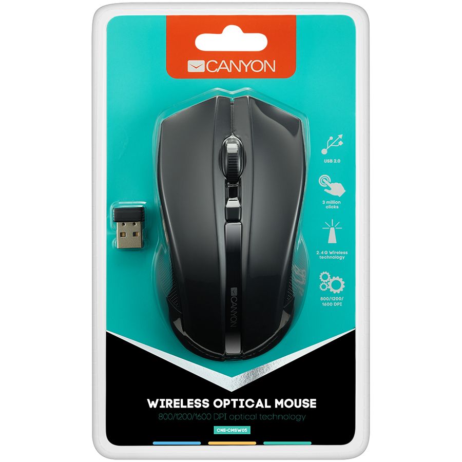 CANYON MW-5 2.4GHz wireless Optical Mouse with 4 buttons, DPI 800/1200/1600, Black, 122*69*40mm, 0.067kg_2