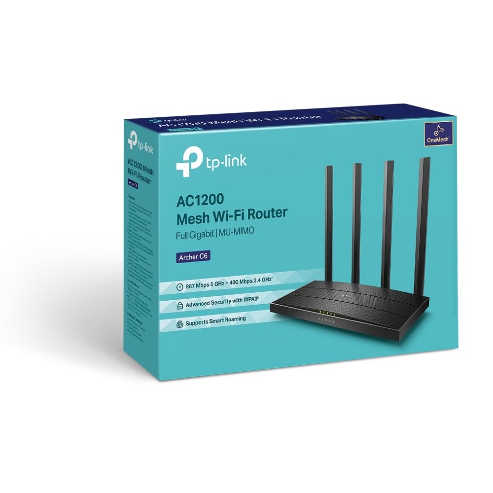 TP-link AC1200 Wireless MU-MIMO Gigabit Router, ARCHER C6; Wireless Standards: IEEE 802.11ac/n/a 5GHz, IEEE 802.11b/g/n 2.4GHz; Frequency: 2.4GHz and 5GHz; Signal Rate: 5GHz: Up to 867Mbps, 2.4GHz: Up to 300Mbps; Ports: 4* 10/100/1000Mbps LAN Ports, 1*10/100/1000Mbps WAN Port; 4* Fixed Omni_4