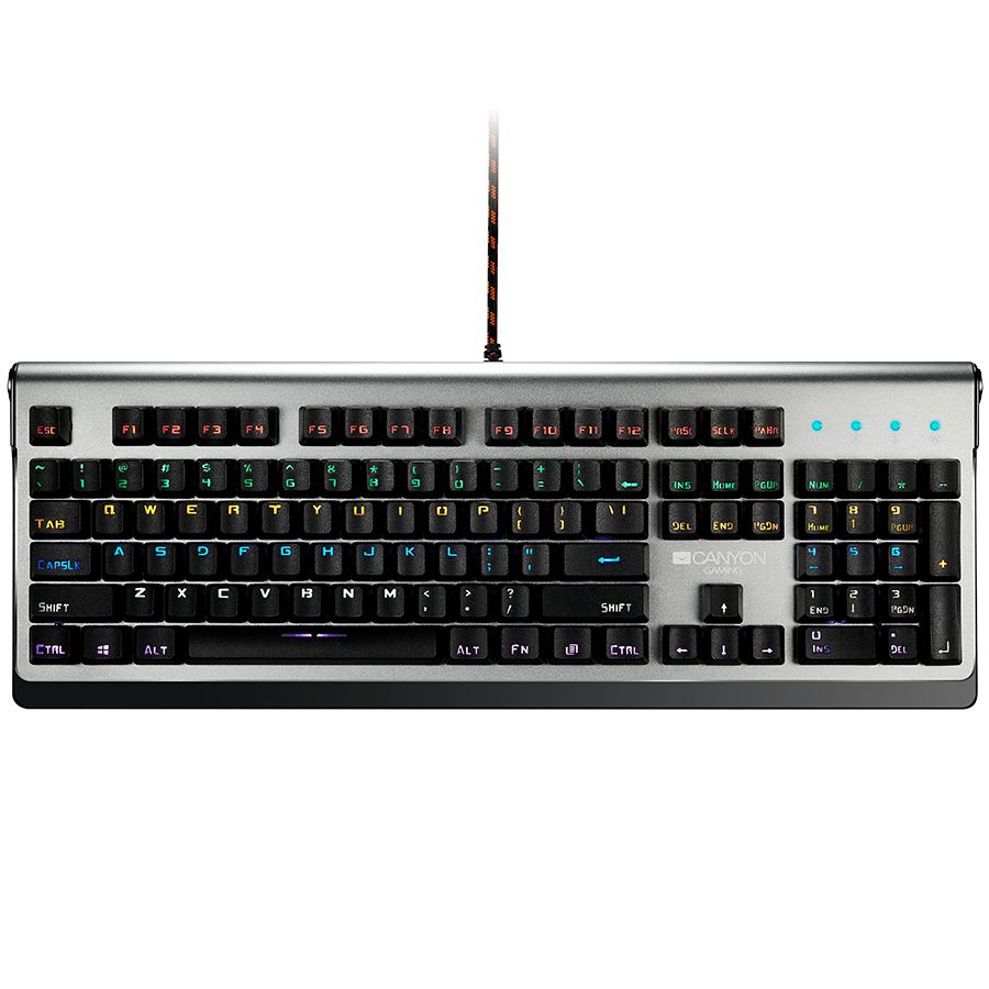 CANYON Wired multimedia gaming keyboard with lighting effect, 20pcs rainbow LED & 19pcs RGB light, Numbers 104keys, EN double injection layout, cable length 1.8M, 446*160*40mm, 0.98kg, color Dark grey