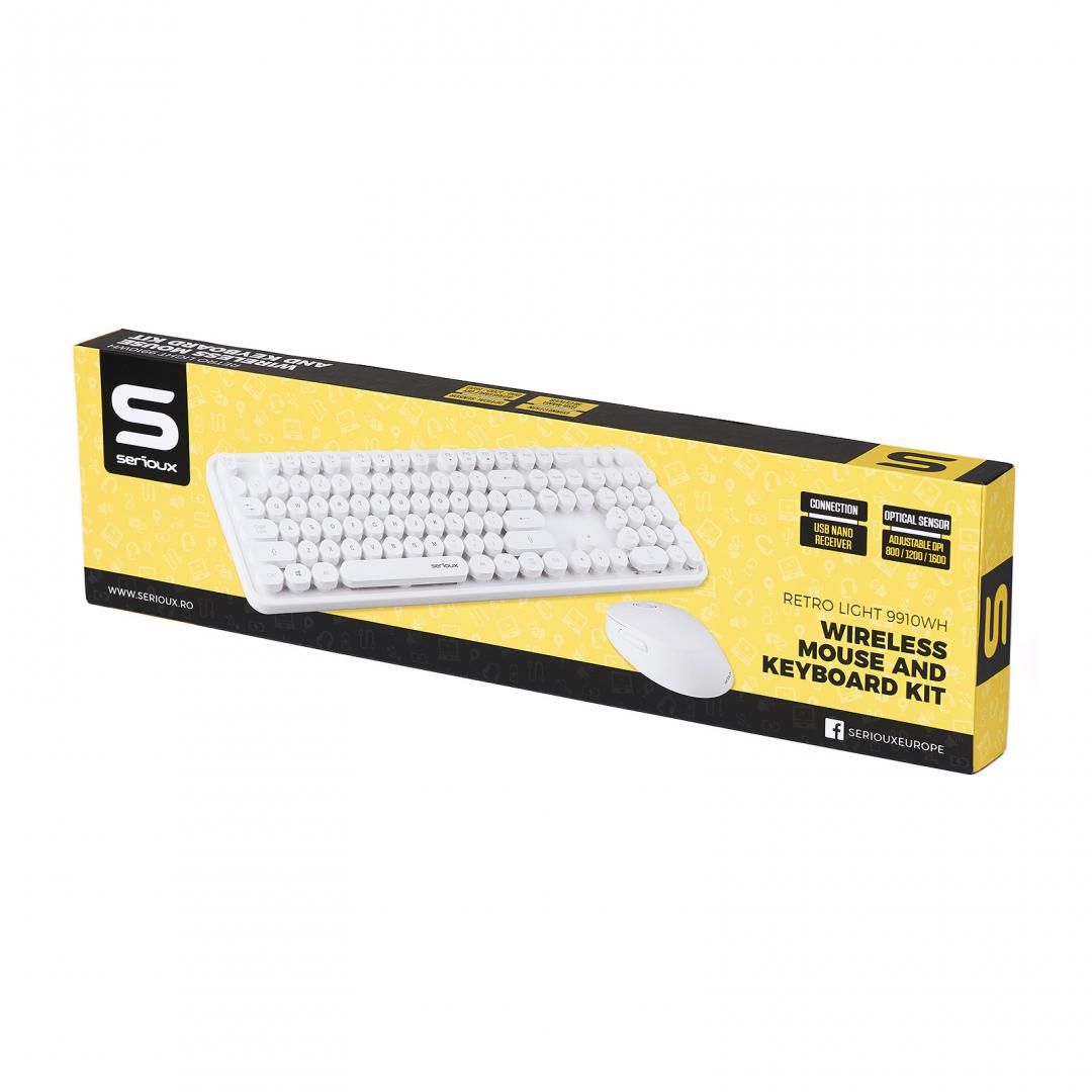 Kit tastatura + mouse Serioux Retro light 9910WH, wireless 2.4GHz, US layout, multimedia, mouse optic 800-1600dpi, USB, nano receiver, alb_2