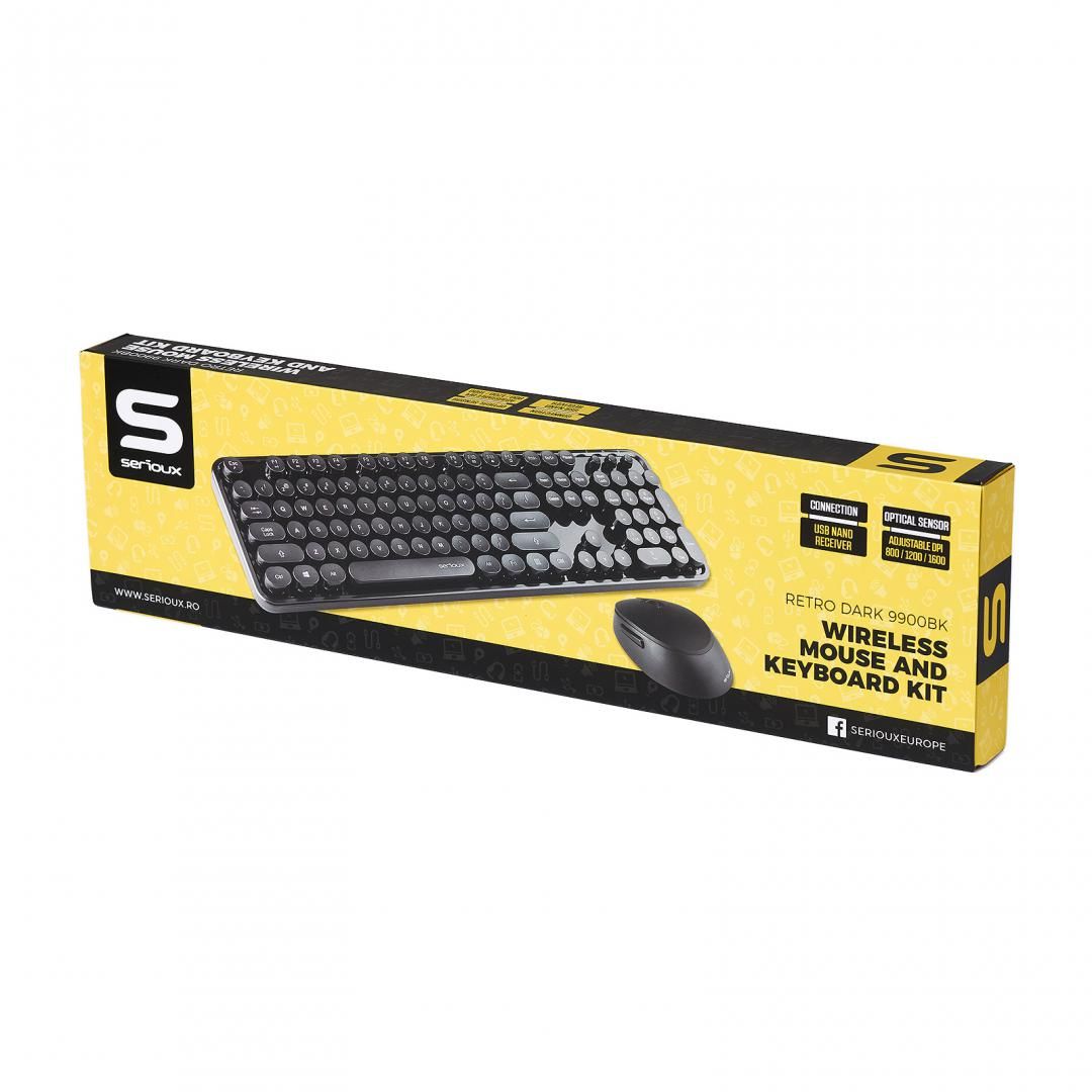 Kit tastatura + mouse Serioux Retro dark 9900BK, wireless 2.4GHz, US layout, multimedia, mouse optic 800-1600dpi, USB, nano receiver, negru_3