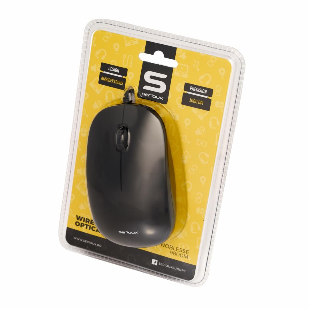 Mouse Serioux cu fir, optic, Noblesse 9800M, 1000dpi, negru, ambidextru, blister, cablu 1.6m, USB_3
