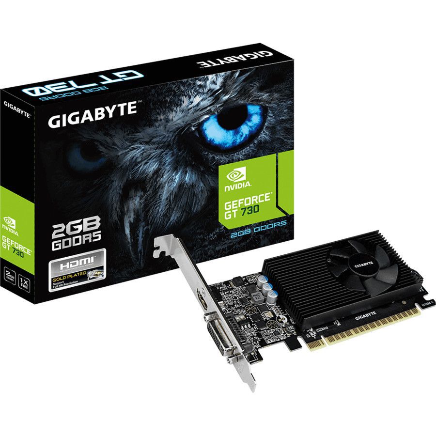 PLACA VIDEO GIGABYTE NVIDIA GeForce GT 730 , 2 GB GDDR5 64 biti, PCI Express 2.0 x 16, HDMI, DVI, sistem racire aer activ, 