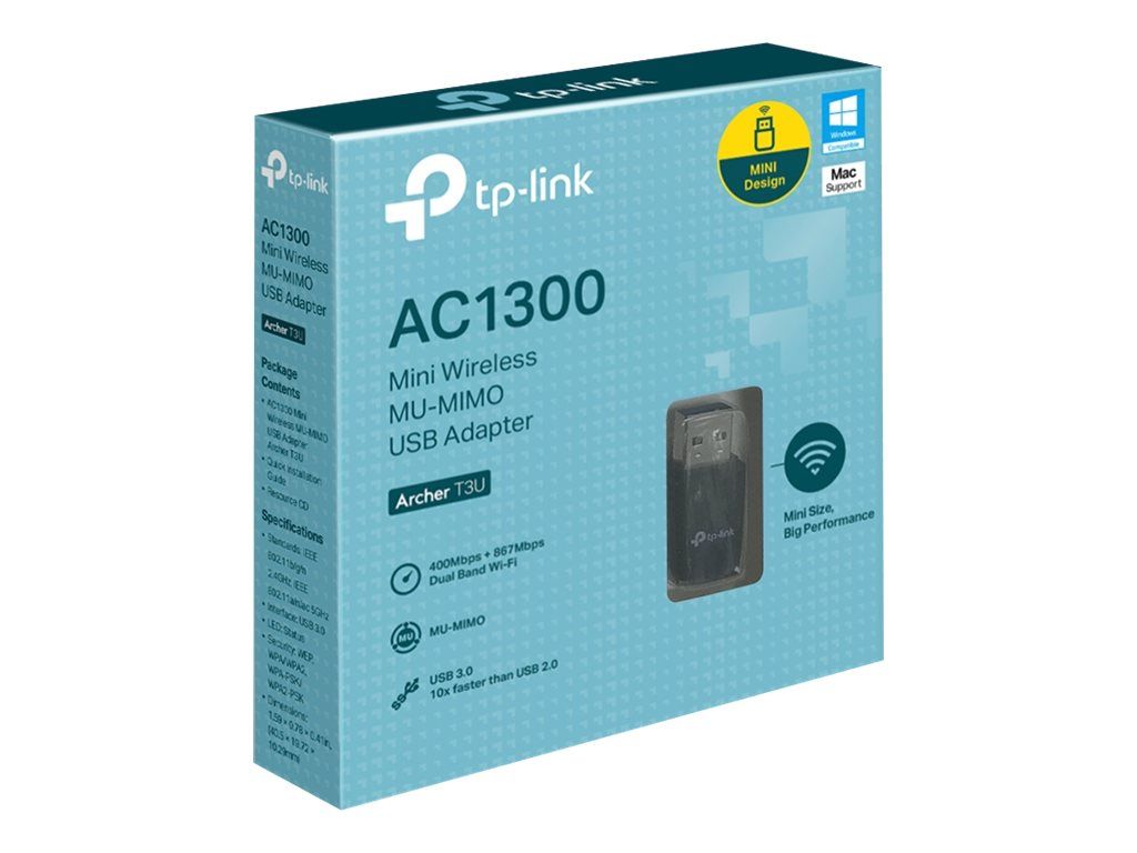 TP-link AC1300 Mini Adaptor USB Wireless MU-MIMO, ARCHER T3U; USB 3.0; Antena Omni Directionala; Standarde Wireless: IEEE 802.11ac, IEEE 802.11a/ IEEE 802.11n, IEEE 802.11g, IEEE 802.11b; Frecventa: 2.4GHz (400 Mpbs)/ 5GHz (867 Mbps);_1