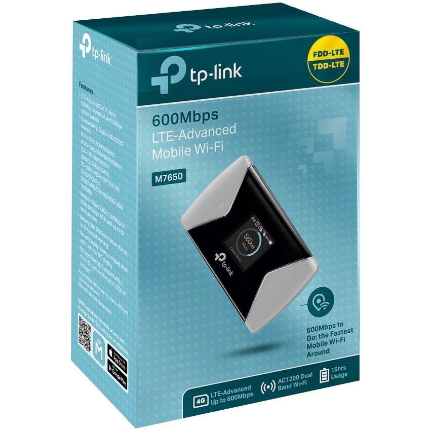 ROUTER TP-LINK wireless. portabil, 4G Mobile Wi-Fi, 600Mbps, Internal LTE Modem, SIM card slot, TFT screen display, rechargeable battery, micro SD card slot 