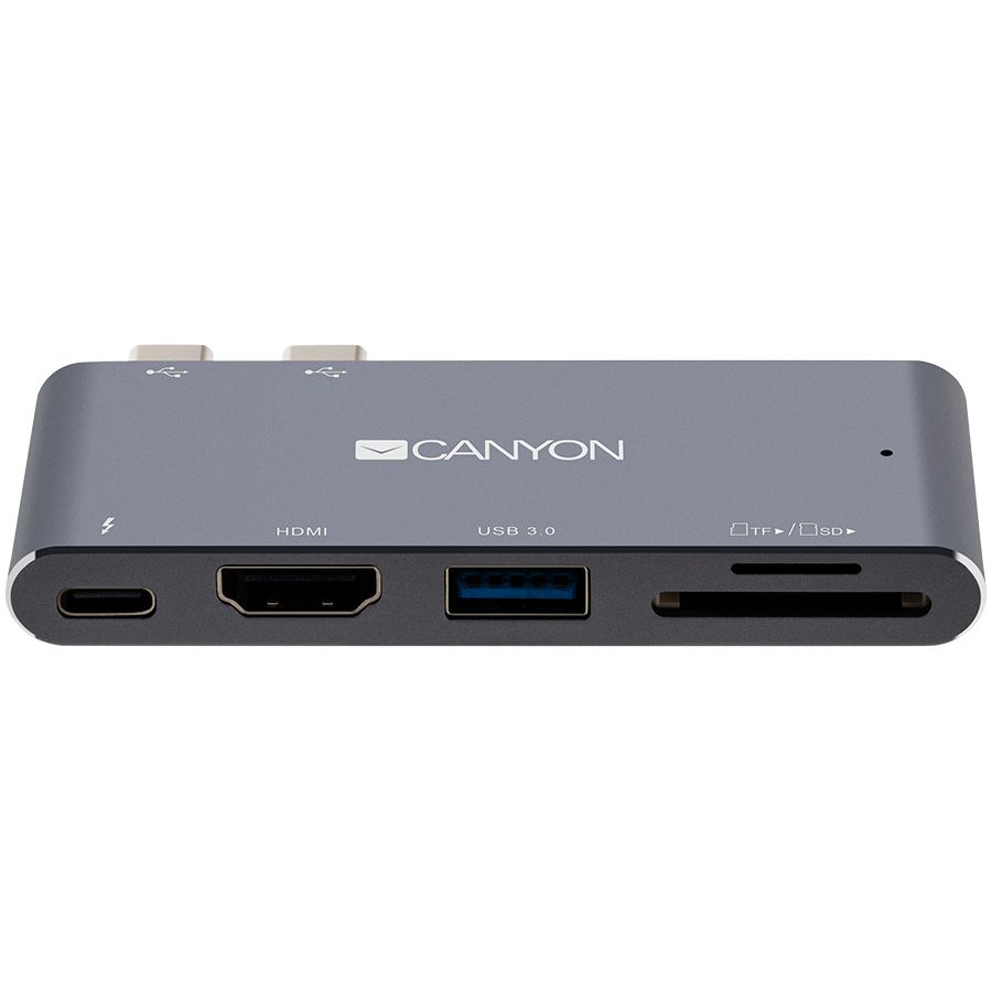 CANYON DS-5 Multiport Docking Station with 5 port, with Thunderbolt 3 Dual type C male port, 1*Thunderbolt 3 female+1*HDMI+1*USB3.0+1*SD+1*TF. Input 100-240V, Output USB-C PD100W&USB-A 5V/1A, Aluminium alloy, Space gray, 90*41*11mm, 0.04kg_1