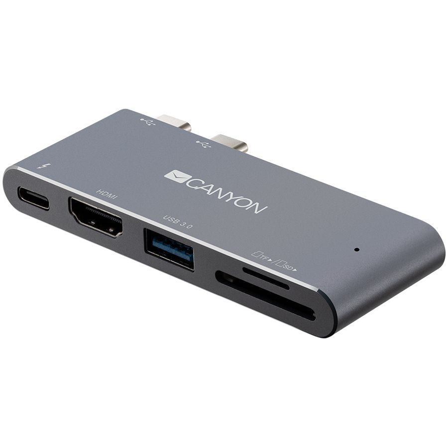 CANYON DS-5 Multiport Docking Station with 5 port, with Thunderbolt 3 Dual type C male port, 1*Thunderbolt 3 female+1*HDMI+1*USB3.0+1*SD+1*TF. Input 100-240V, Output USB-C PD100W&USB-A 5V/1A, Aluminium alloy, Space gray, 90*41*11mm, 0.04kg_2