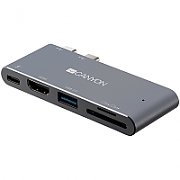 CANYON DS-5 Multiport Docking Station with 5 port, with Thunderbolt 3 Dual type C male port, 1*Thunderbolt 3 female+1*HDMI+1*USB3.0+1*SD+1*TF. Input 100-240V, Output USB-C PD100W&USB-A 5V/1A, Aluminium alloy, Space gray, 90*41*11mm, 0.04kg