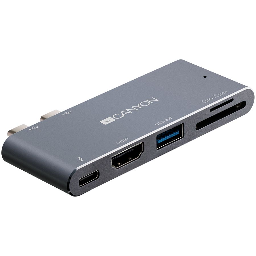 CANYON DS-5 Multiport Docking Station with 5 port, with Thunderbolt 3 Dual type C male port, 1*Thunderbolt 3 female+1*HDMI+1*USB3.0+1*SD+1*TF. Input 100-240V, Output USB-C PD100W&USB-A 5V/1A, Aluminium alloy, Space gray, 90*41*11mm, 0.04kg_3