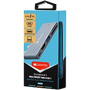 CANYON DS-5 Multiport Docking Station with 5 port, with Thunderbolt 3 Dual type C male port, 1*Thunderbolt 3 female+1*HDMI+1*USB3.0+1*SD+1*TF. Input 100-240V, Output USB-C PD100W&USB-A 5V/1A, Aluminium alloy, Space gray, 90*41*11mm, 0.04kg