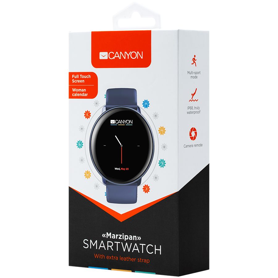 CANYON Marzipan SW-75 Smart watch, 1.22inches IPS full touch screen, aluminium+plastic body,IP68 waterproof, multi-sport mode with swimming mode, compatibility with iOS and android,Blue with extra blue leather belt, Host: 41.5x11.6mm, Strap: 240x20mm, 20.8g_3