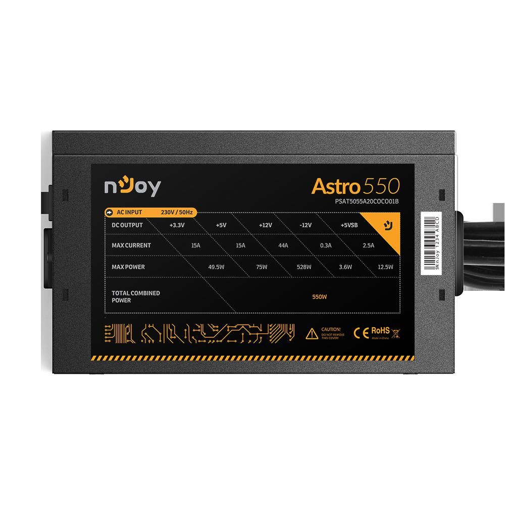 nJoy | Astro 550 | PSAT5055A20COCO01B | 550 W | Activa | 1 x 20+4 pin ATX, 1 x 4+4 pin ATX 12V | 2 x 6+2 pin PCI-E, 5 x SATA, 3 x 4 pin Molex | PFC active | OCP / OVP / SCP / OPP | DC to DC technology | Corescpunde cu 80 Plus Bronze_4