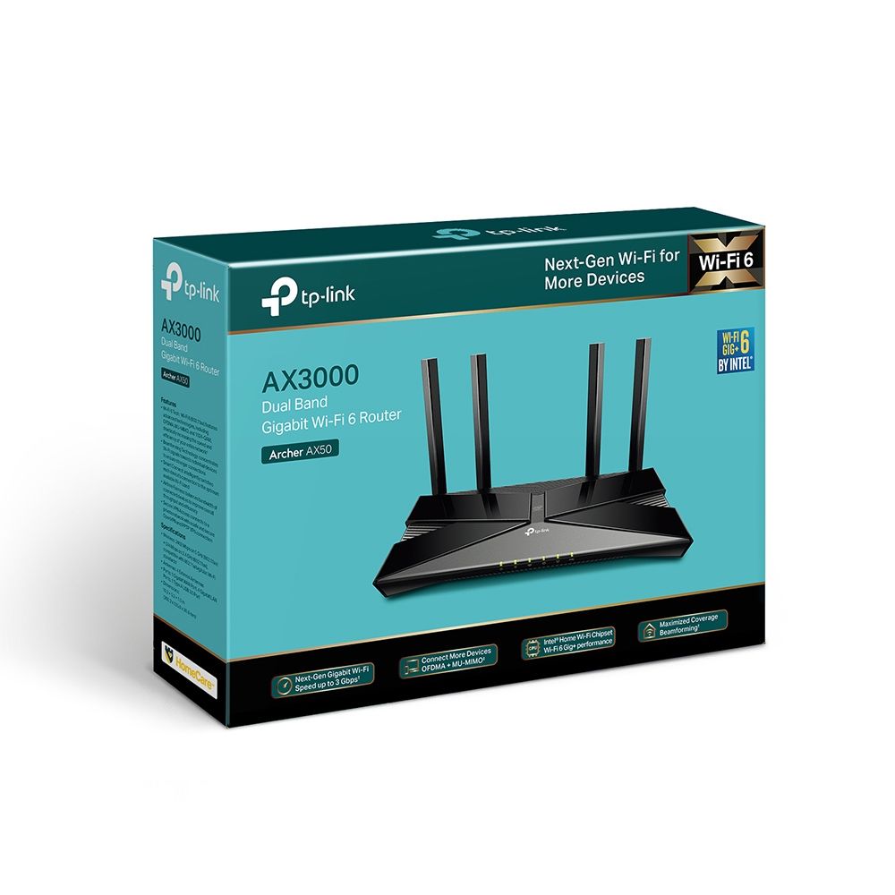Wireless Router TP-LINK, ARCHER AX50;dual band AX3000  5 GHz: 2402 Mbps (802.11ax), 2.4 GHz: 574 Mbps(802.11ax), Standard and Protocol: IEEE 802.11ax/ac/n/a 5 GHz, IEEE 802.11ax/n/b/g 2.4 GHz, 4 x Antene Externe omni-direcționale, 1 x 10/100/1000Mbps port WAN, 4 x 10/100/1000Mbps porturi LAN, 1 x_6