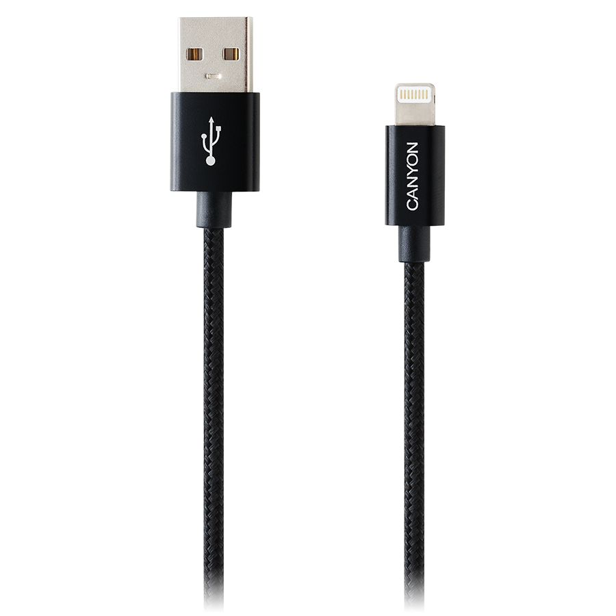 Canyon Lightning USB Cable for Apple, braided, metallic shell, cable length 1m, Black, 14.9*6.8*1000mm, 0.02kg_1