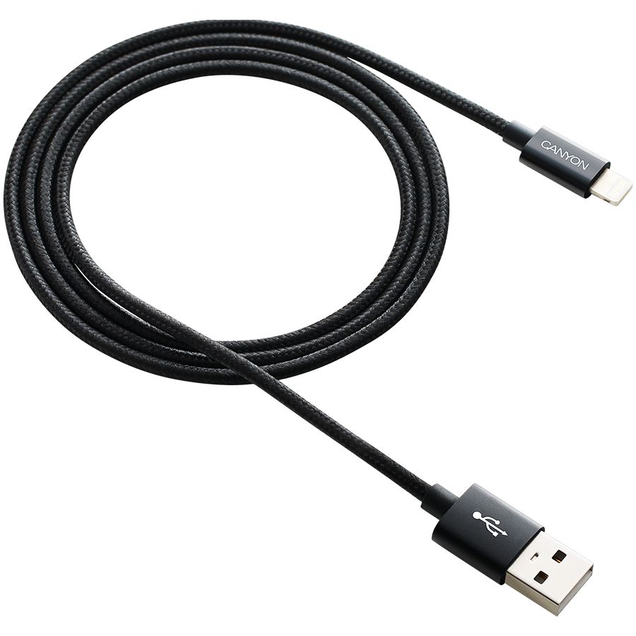 Canyon Lightning USB Cable for Apple, braided, metallic shell, cable length 1m, Black, 14.9*6.8*1000mm, 0.02kg_2