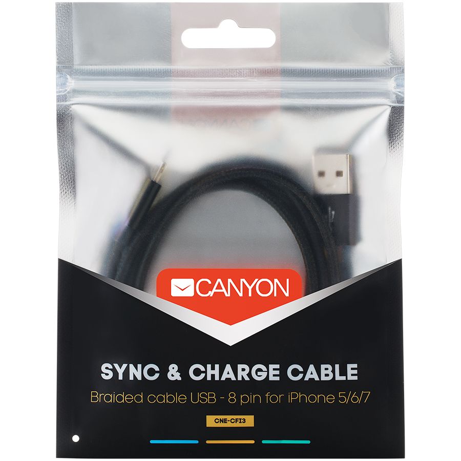 Canyon Lightning USB Cable for Apple, braided, metallic shell, cable length 1m, Black, 14.9*6.8*1000mm, 0.02kg_3