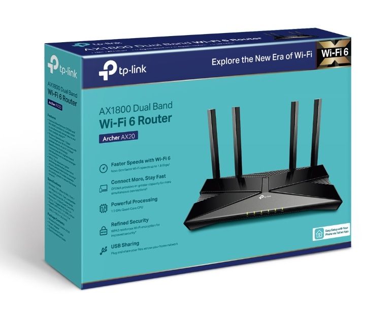 Wireless Router TP-LINK, AX20; AX1800, 1.5 GHz Quad-Core CPU, Dual-Band, 5 GHz: 1201 Mbps (802.11ax), 2.4 GHz: 574 Mbps (802.11ax), Standard and Protocol: WI-FI 6, IEEE 802.11ax/ac/n/a 5 GHz,  IEEE 802.11ax/n/b/g 2.4 GHz 4× Fixed Antennas, 1 × 1000/100/10 Mbps WAN Port, 4 × 1000/100/10 Mbps LAN_6