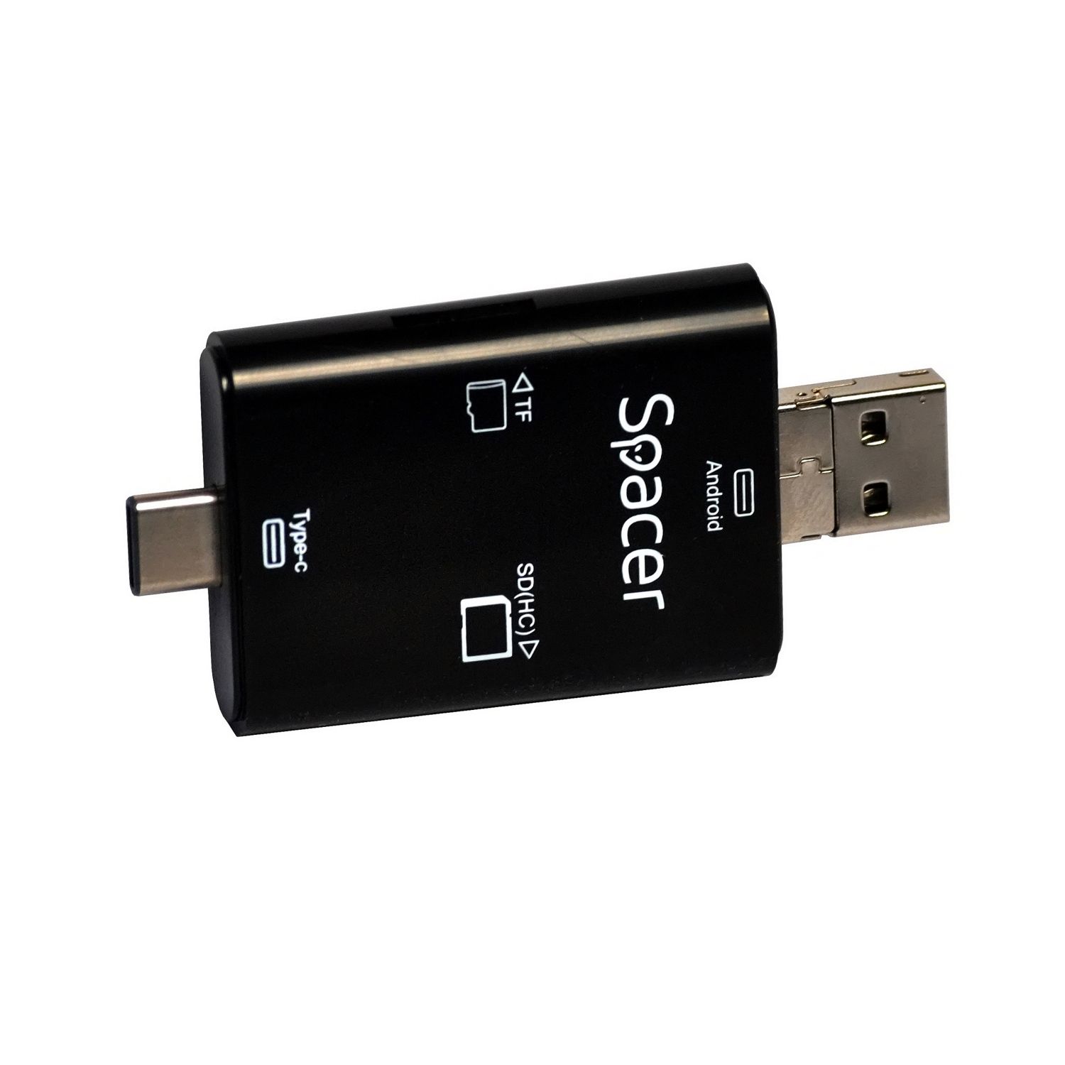 CARD READER extern SPACER, 3 in 1, interfata USB 2.0, USB Type C, Micro-USB, citeste/scrie: SD, micro SD; adaptor USB Type C la USB sau Micro-USB; plastic, negru, 