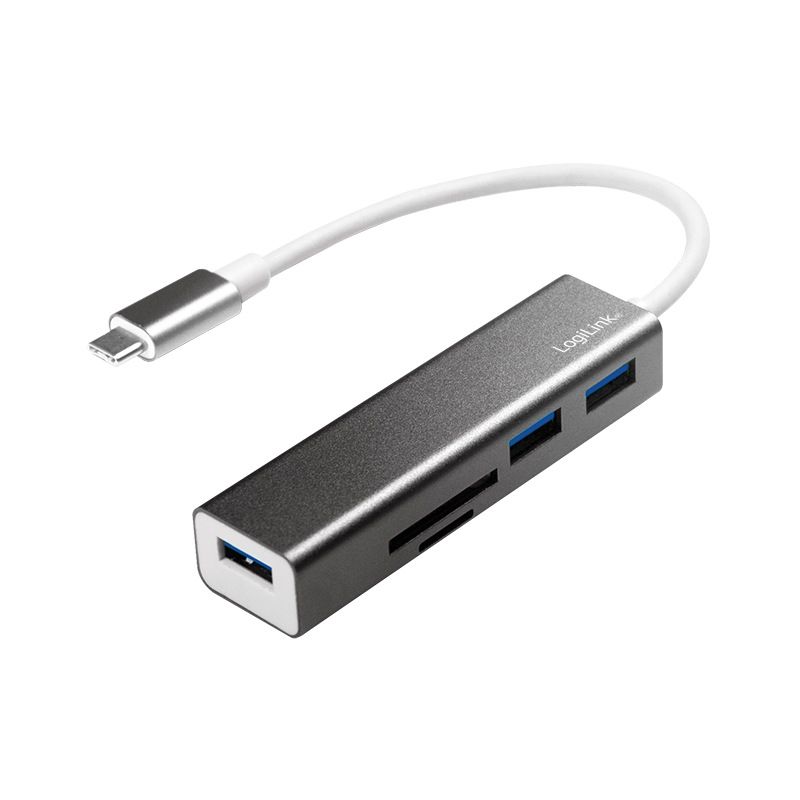 HUB extern LOGILINK, porturi USB: USB 3.0 x 3, conectare prin USB 3.2 Type C, cablu 0.1 m, retea 10/100/1000 Mbps (Gigabit), negru, 