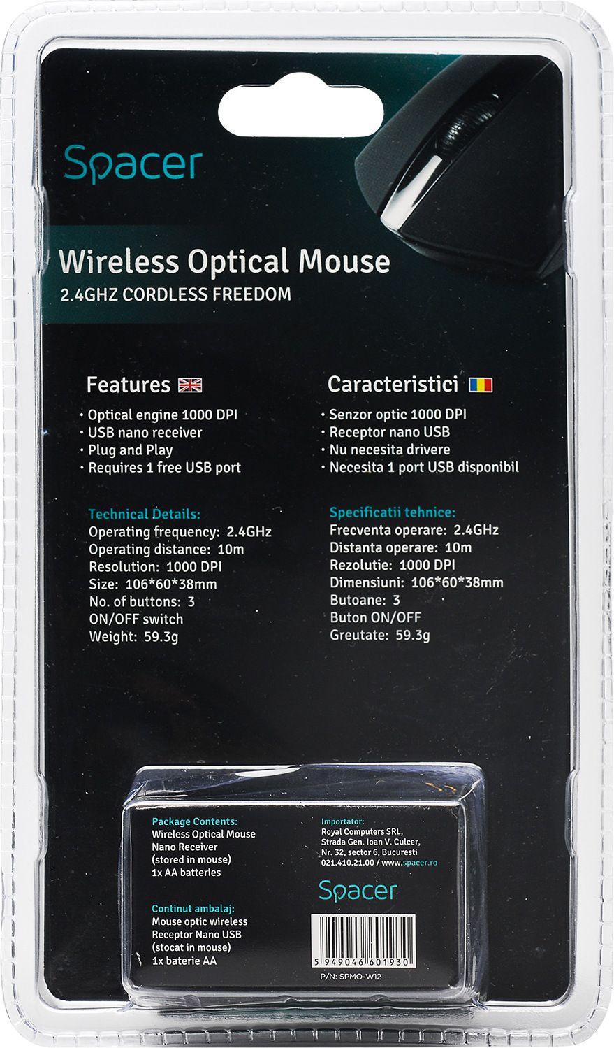 MOUSE  Spacer, PC sau NB, wireless, 2.4GHz, optic, 1600 dpi, butoane/scroll 3/1, , negru, 