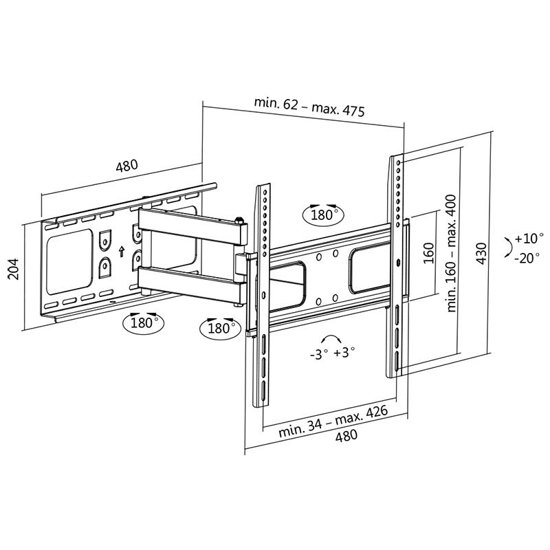 SUPORT de perete LOGILINK, pt 1 TV/monitor plat, diag. max 70 inch, inclinare, pivotare, orizontala, max 50 Kg, 