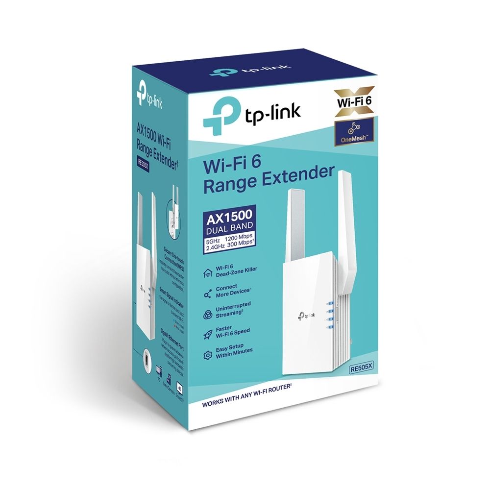 TP-link AX1500 Wi-Fi Range Extender, RE505X, 2* external antenna, IEEE 802.11a/n/ac/ax 5GHz, IEEE 802.11b/g/n 2.4GHz, 1* Gigabit Ethernet Port (RJ45), WPS Button, Reset Button, 2.4GHz 300Mbps, 5GHz 1200Mbps 64/128-bit WEP, WPA/WPA-PSK2._2