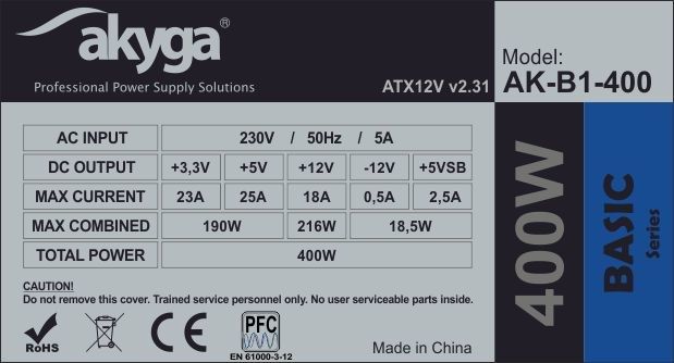 AKY AK-B1-400 Akyga Basic ATX Power Supply 400W AK-B1-400 Fan12cm P4 3xSATA_6