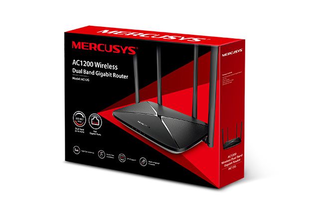 AC1200 Wireless Dual Band Gigabit Router Mercusys, AC12G; Wireless Standards: IEEE 802.11a/n/ac 5 GHz, IEEE 802.11b/g/n 2.4 GHz; Frequency: 2.4 - 2.5GHz, 5.15 - 5.85GHz; 4x Fixed Omni-Directional Antennas; Signal Rate: 300 Mbps at 2.4GHz, 867 Mbps at 5GHz; 1x Gigabit WAN Port, 3x Gigabit LAN Ports_3