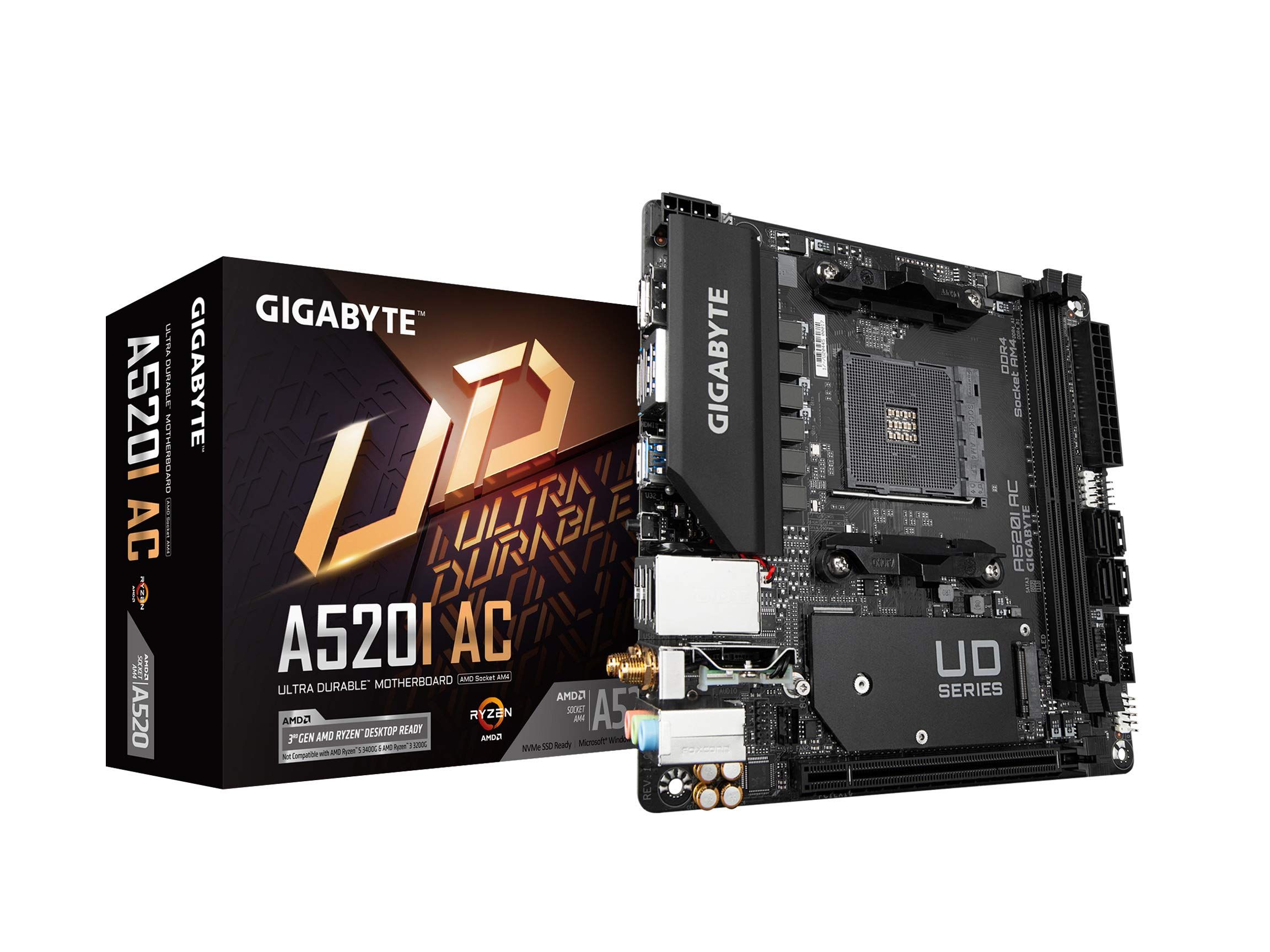 Placa de baza Gigabyte A520I AC AM4 DDR4, 2x sloturi RAM, max. 64GB, frecventa maxima suportata 5300MHz, 1x DisplayPort, 1x HDMI, 1x PCIe x16, 1x M.2, 4x conectori SATA 6GB/s, 1x LAN 1Gbps, WIFI, Bluetooth 4.2, microATX_2