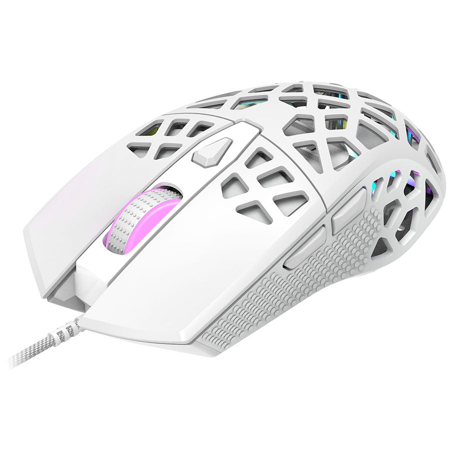 Puncher GM-20 High-end Gaming Mouse with 7 programmable buttons, Pixart 3360 optical sensor, 6 levels of DPI and up to 12000, 10 million times key life, 1.65m Ultraweave cable, Low friction with PTFE feet and colorful RGB lights, white, size:126x67.5x39.5mm, 110g_3