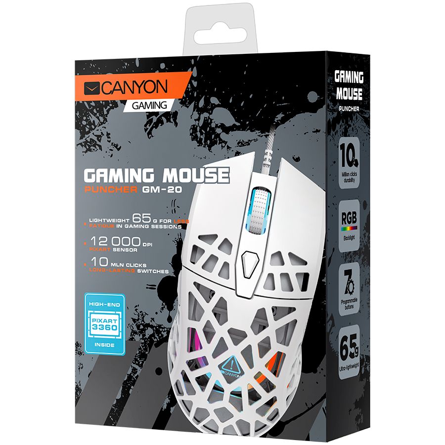 Puncher GM-20 High-end Gaming Mouse with 7 programmable buttons, Pixart 3360 optical sensor, 6 levels of DPI and up to 12000, 10 million times key life, 1.65m Ultraweave cable, Low friction with PTFE feet and colorful RGB lights, white, size:126x67.5x39.5mm, 110g_4