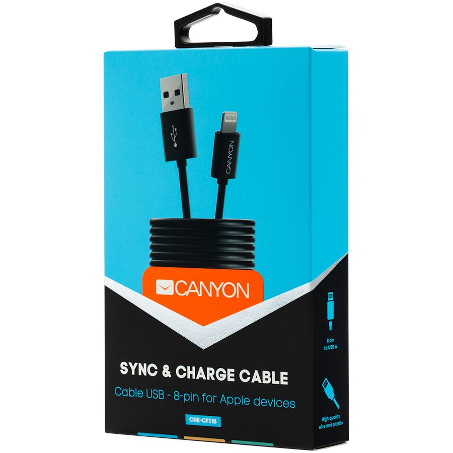 CANYON CFI-1 Lightning USB Cable for Apple, round, cable length 1m, Black, 15.9*7*1000mm, 0.018kg_2