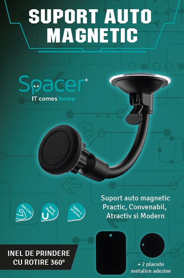 SUPORT auto SPACER pt. SmartPhone, fixare pe bord sau geam, cu ventuza, magnetic, flexibil, rotire 360 grade, black, 