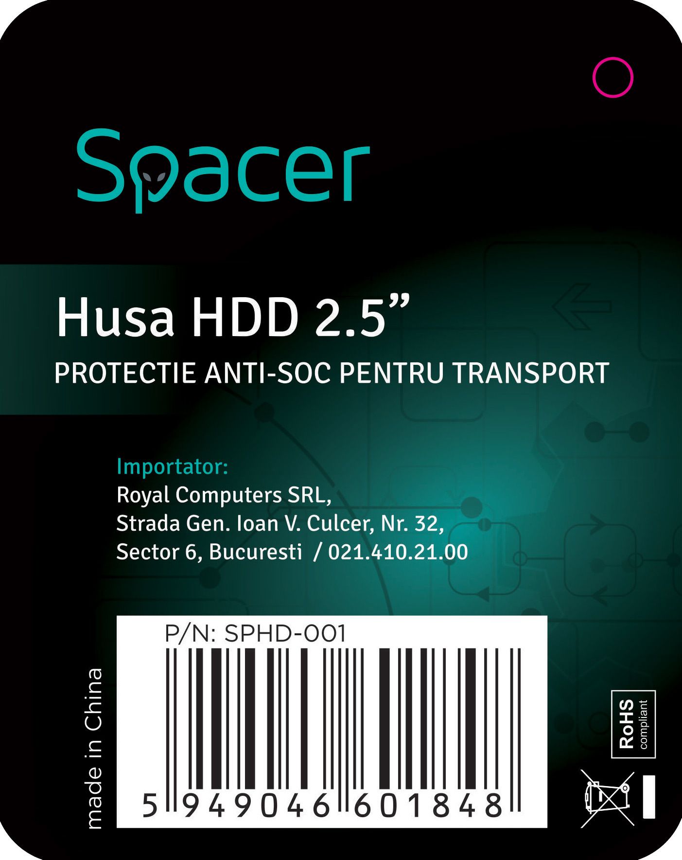 HUSA SPACER, pt HDD, buzunar intern plasa, negru, 