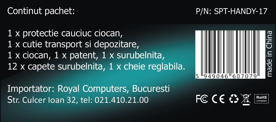 TRUSA scule SPACER contine 1 x ciocan, 1 x patent, 1 x surubelnita, 12 x capete surubelnita, 1 x cheie reglabila, 1 x protectie cauciuc ciocan, 1 x cutie transport si depozitare 