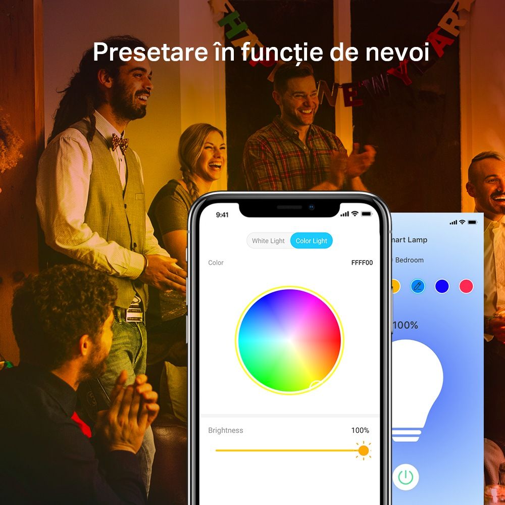 BEC LED wireless TP-LINK, 800lm, 8.7W, E27, intensitate reglabila, control prin smartph.cu apl.Kasa, ajustare automata a luminii in fct. de momentul zilei, lumineaza in diferite culori 