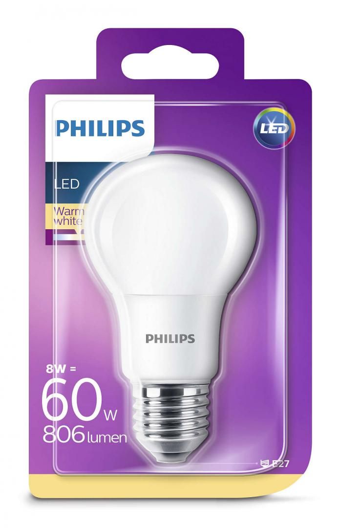 Bec LED Philips 8W (60W), E27, alb cald, nedimabil, temperatura culoare 2700k, 806 lumeni, 220-240V, durata de viata 15.000 ore_1