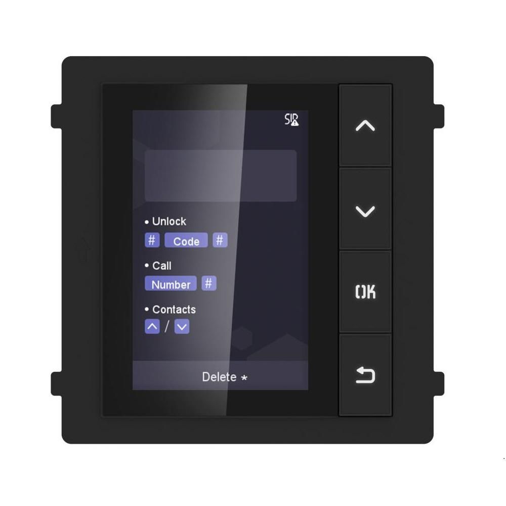Modul de afisare pentru videointerfon modular Hikvision DS-KD-DIS ecran LCD 3.5 inch, rezolutie 320x480P 4 butoane de operare memorie pentru 500 de contacte apelare din lista de contacte deschidere usa cu Pin cu ajutorul modului de tastatura( nu este inclus) montare aplicata sau ingropata