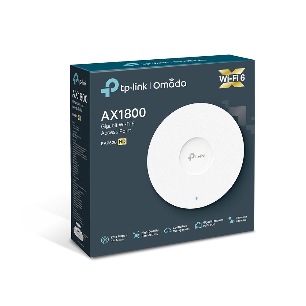 Wireless Access Point TP-Link EAP620 HD, AX1800 Wireless Dual Band Ceiling Mount Access Point, 1× Gigabit Ethernet (RJ-45) Port, 802.3at PoE or, Power Consumption 13.5 W, Mounting kit included, Wireless Standards IEEE 802.11ax/ac/n/g/b/a, 5 GHz: Up to 1201 Mbps, 2.4 GHz: Up to 574 Mbps._5