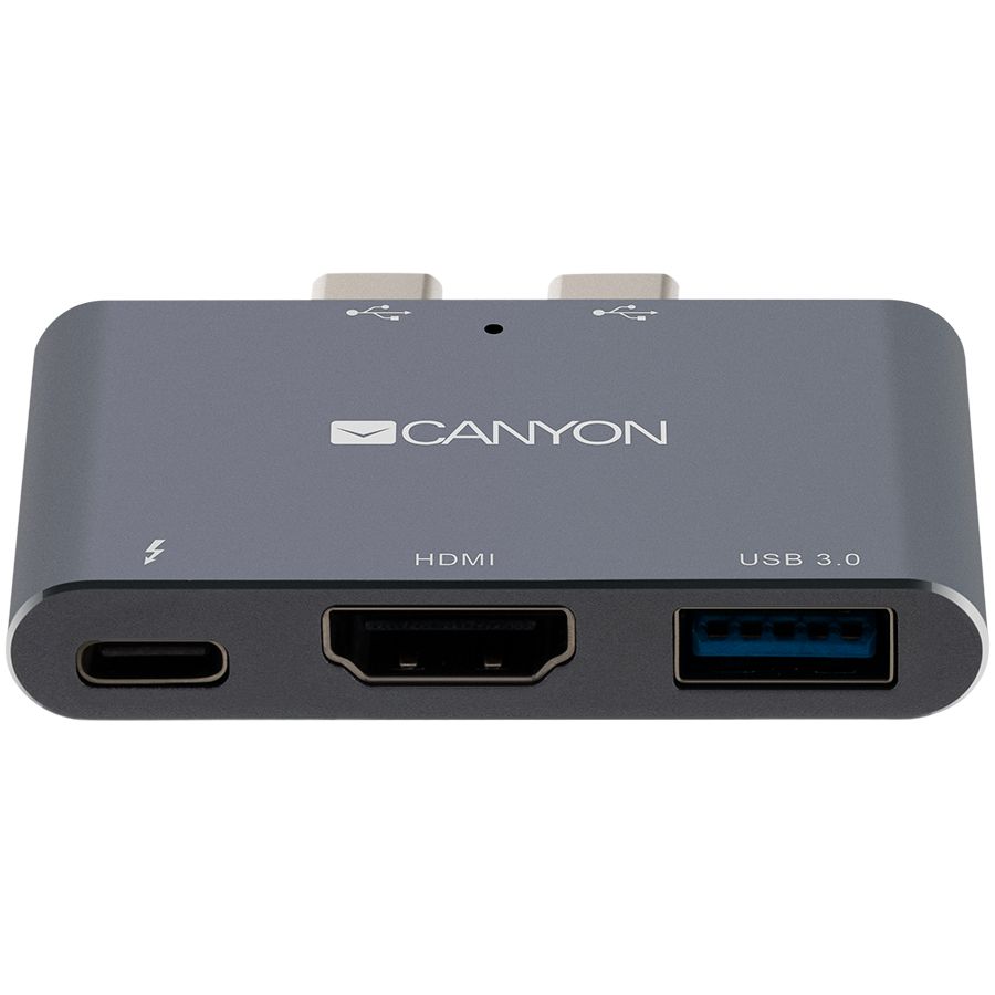 CANYON DS-1 Multiport Docking Station with 3 port, with Thunderbolt 3 Dual type C male port, 1*Thunderbolt 3 female+1*HDMI+1*USB3.0. Input 100-240V, Output USB-C PD100W&USB-A 5V/1A, Aluminium alloy, Space gray, 59*35.5*10mm, 0.028kg_1
