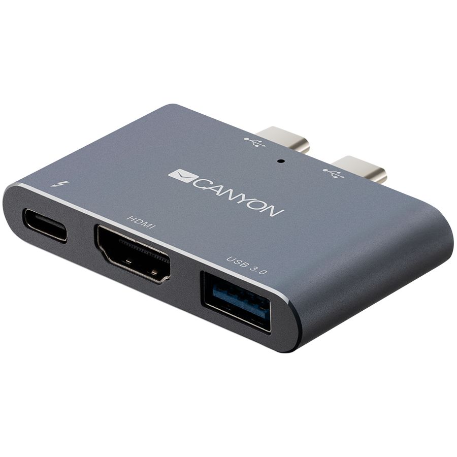 CANYON DS-1 Multiport Docking Station with 3 port, with Thunderbolt 3 Dual type C male port, 1*Thunderbolt 3 female+1*HDMI+1*USB3.0. Input 100-240V, Output USB-C PD100W&USB-A 5V/1A, Aluminium alloy, Space gray, 59*35.5*10mm, 0.028kg_2