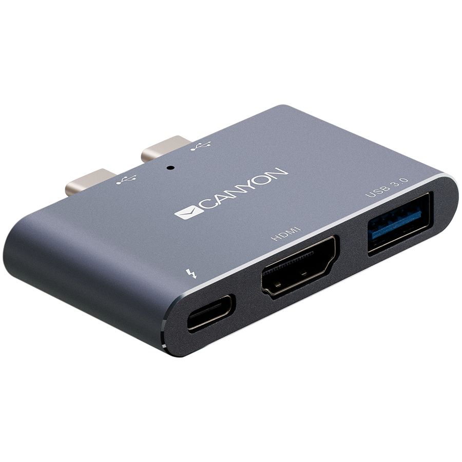 CANYON DS-1 Multiport Docking Station with 3 port, with Thunderbolt 3 Dual type C male port, 1*Thunderbolt 3 female+1*HDMI+1*USB3.0. Input 100-240V, Output USB-C PD100W&USB-A 5V/1A, Aluminium alloy, Space gray, 59*35.5*10mm, 0.028kg_3