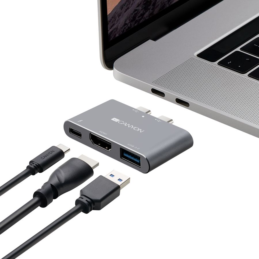 CANYON DS-1 Multiport Docking Station with 3 port, with Thunderbolt 3 Dual type C male port, 1*Thunderbolt 3 female+1*HDMI+1*USB3.0. Input 100-240V, Output USB-C PD100W&USB-A 5V/1A, Aluminium alloy, Space gray, 59*35.5*10mm, 0.028kg_4