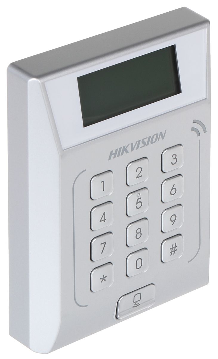 Standalone Access Control Terminal Hikvision, DS-K1T802M; Built-inMifarecard reading module, Storage with 3,000 cards and 10,000 accesscontrolevents; Uplink Communication: TCP/IP; 12 Keys keyboard anddoorbell, DC12V/1A;_1