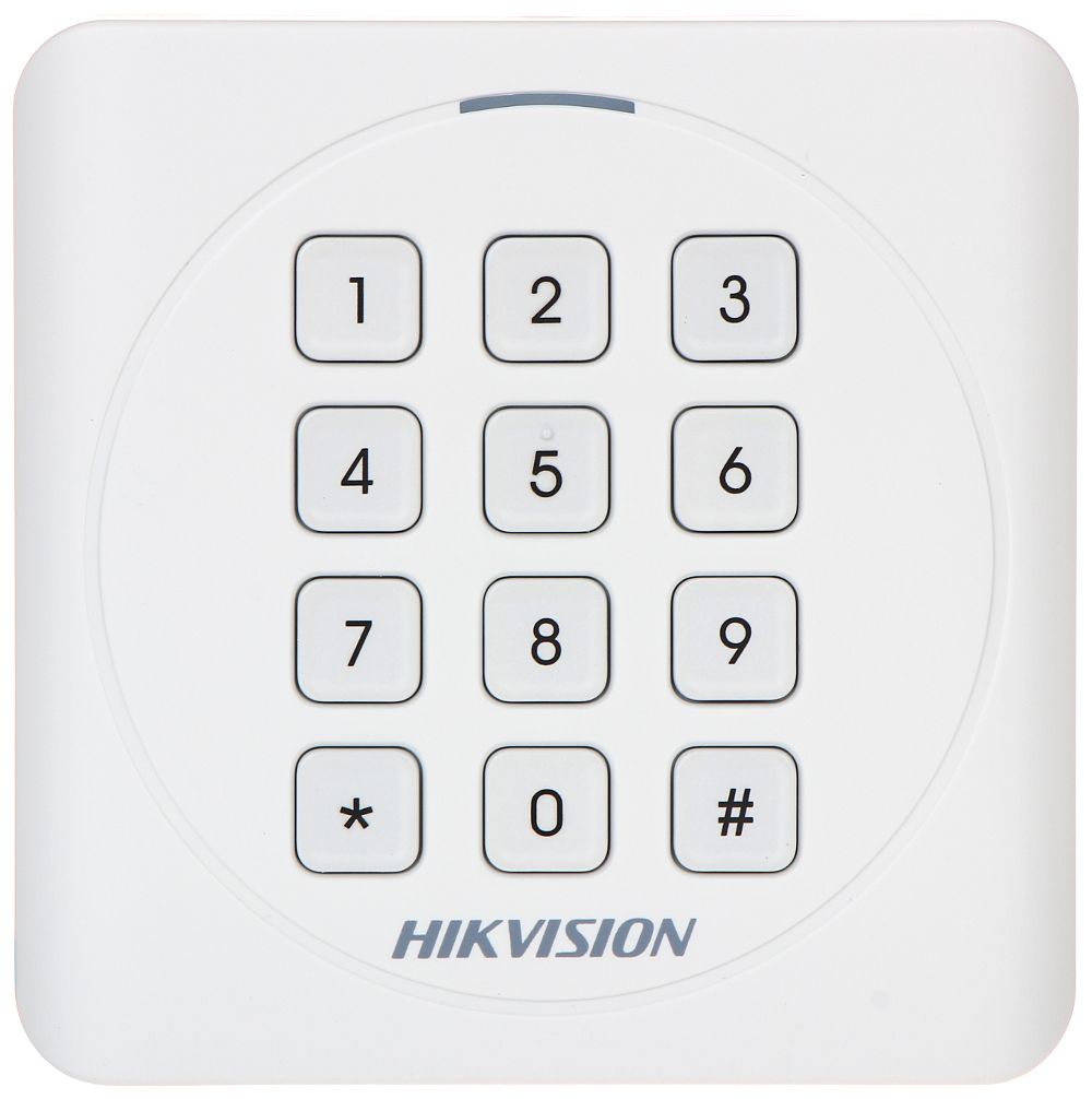 Cititor card cu tastatura Hikvision DS-K1801MK, citeste carduri MIFARE 13.56MHz, distanta citire: 50mm, comunicare: Wiegand 26/34 protocol, tastatura cu 12 butoane,  indicator LED de stare si alimentare; alimentare: 12VDC, IP65, dimensiuni: 87×87×13.3mm_5
