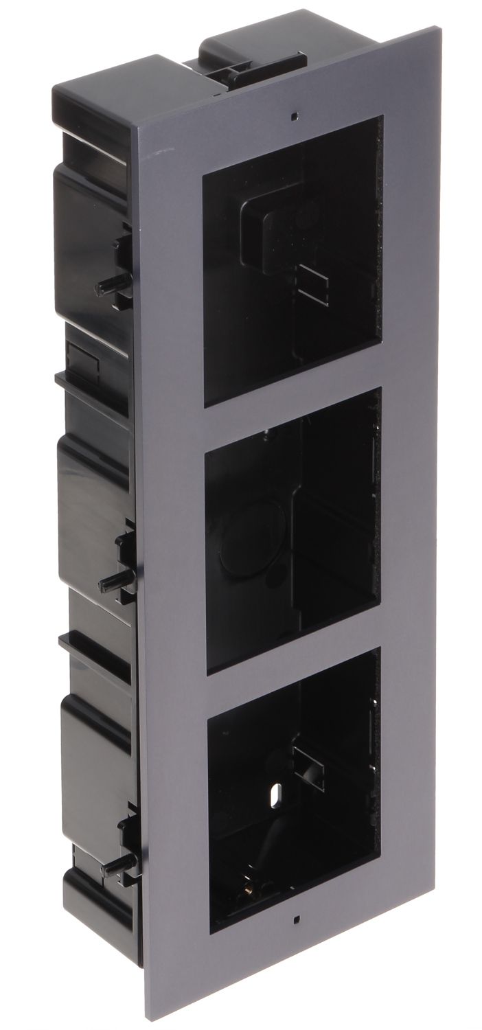 Panou frontal pentru 3 module videointerfon modular Hikvision DS-KD- ACF3/S; permite conectarea a 3 module de videointerfon modular; montare incastrata; material otel inoxidabil, doza de plastic inclusa; dimensiuni:337.8mm x 124mm x 4mm;_2
